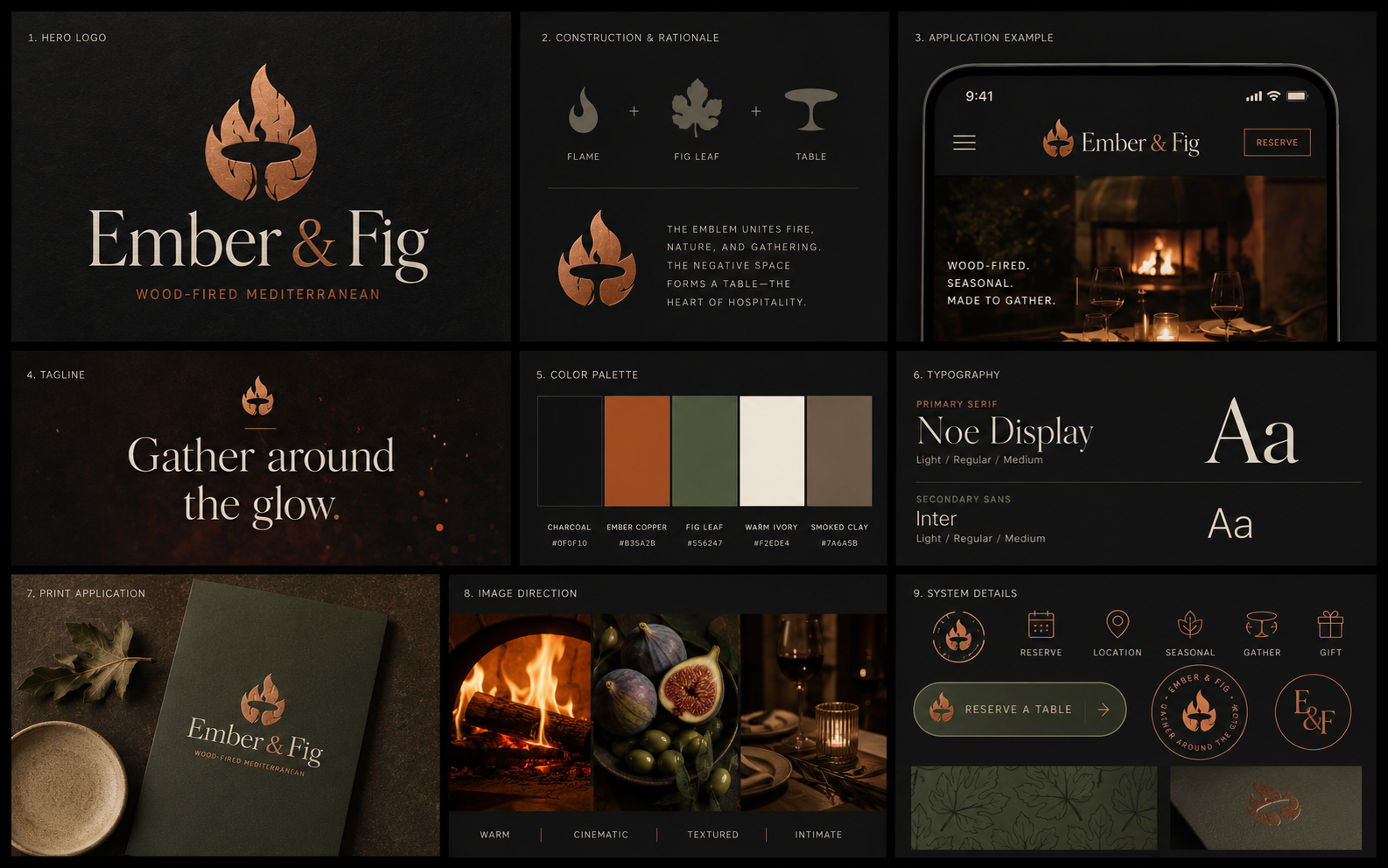 Ember and Fig logo and restaurant identity board