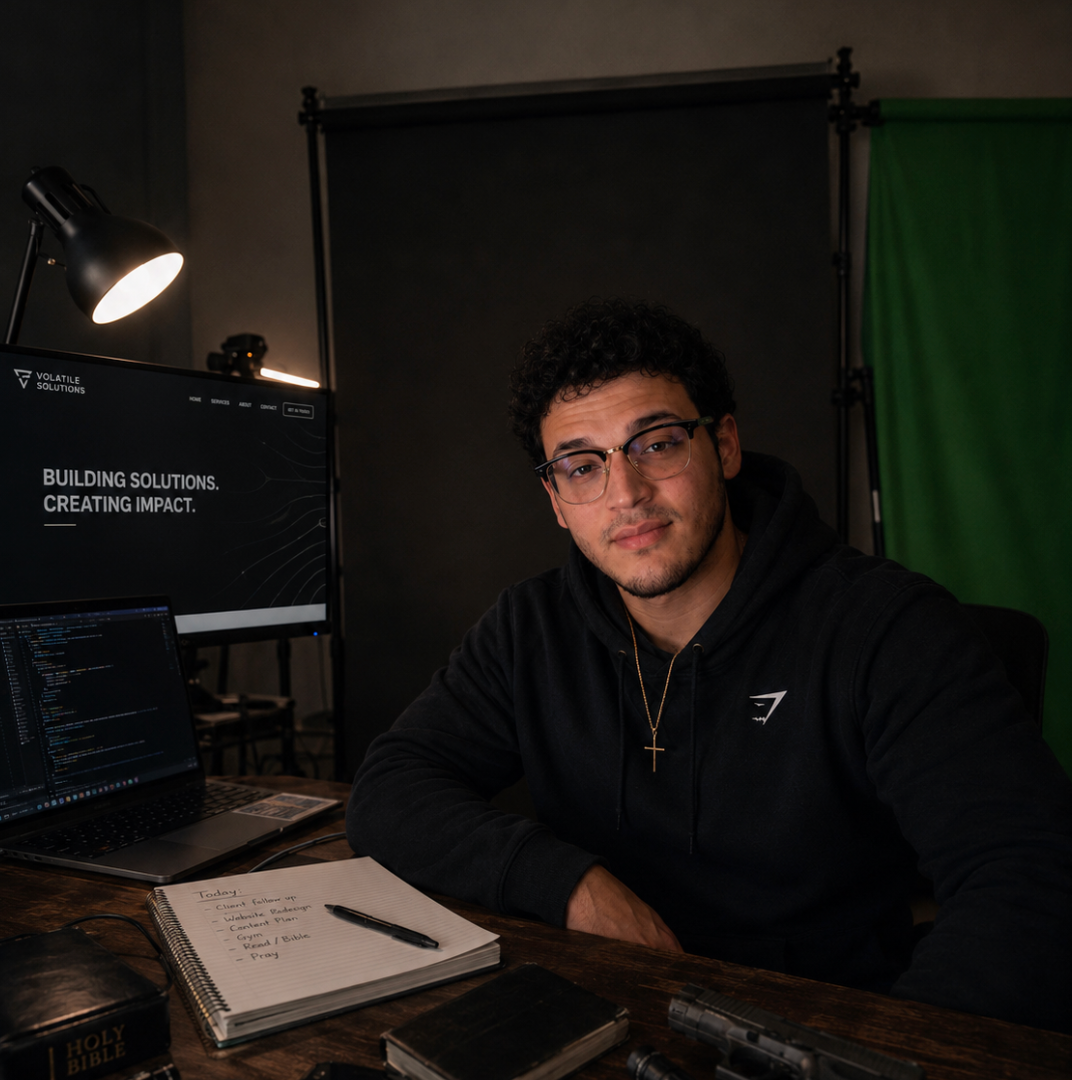 Anthony Volatile at his workstation with Volatile Solutions work on screen